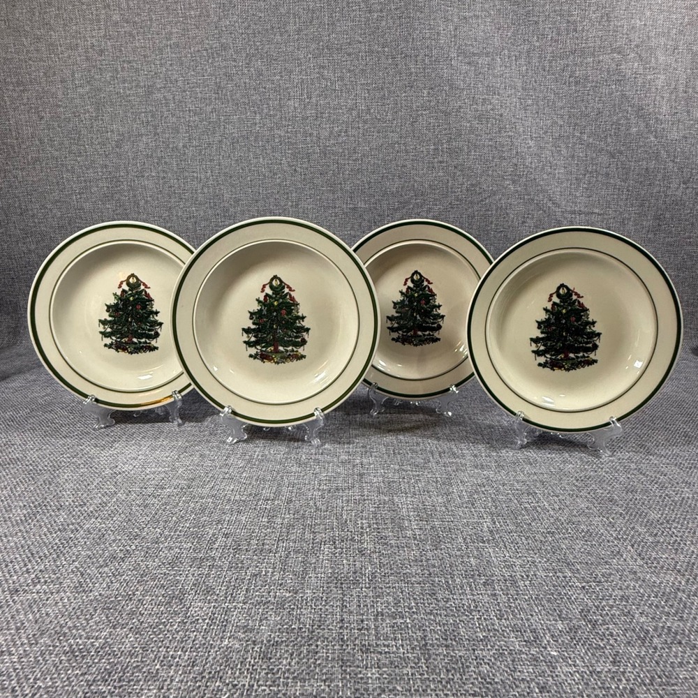 Christmas Tree 6.5" Salad Bread Dessert Plate Set 4 Green Trim Holiday Tableware